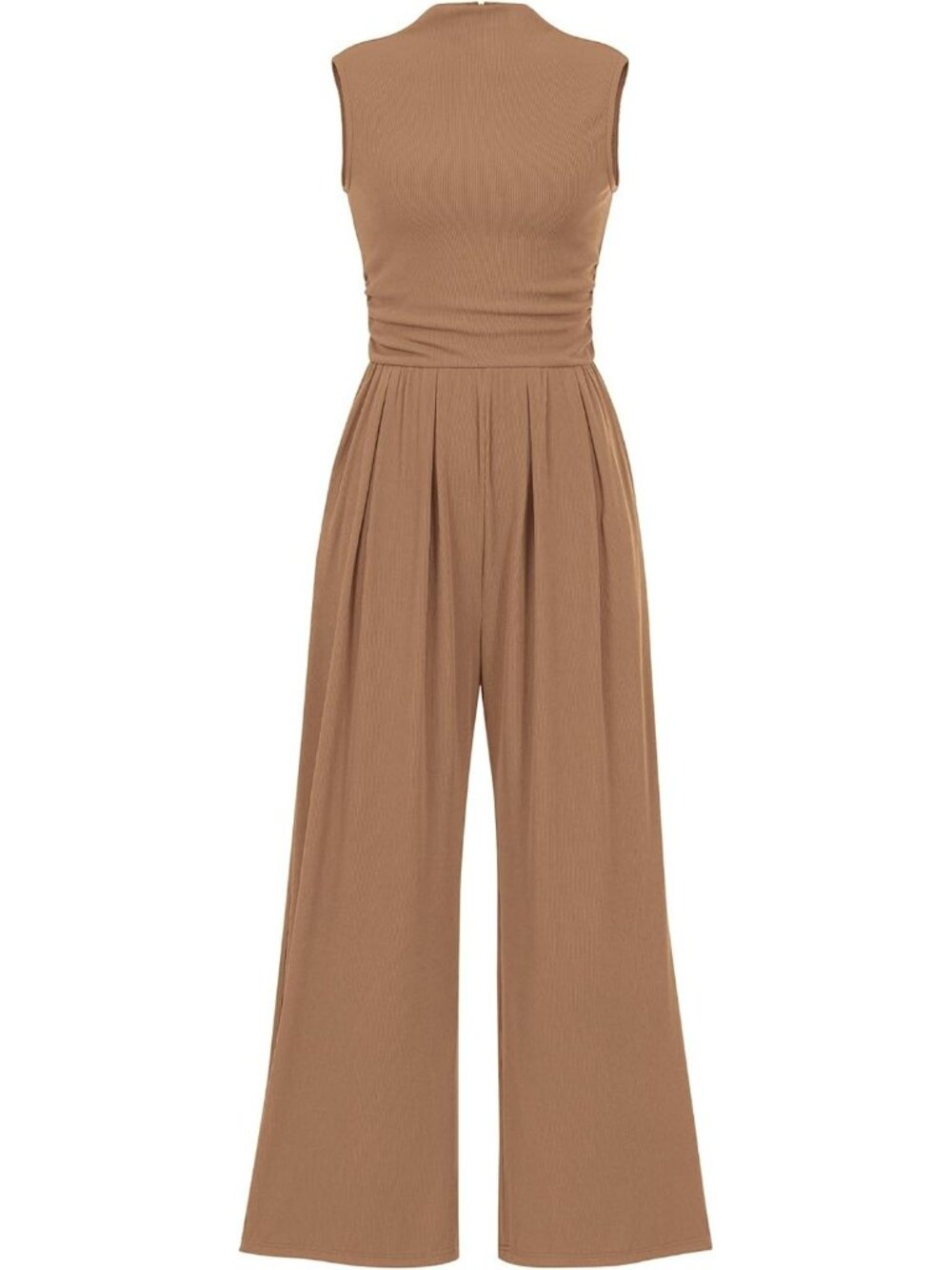 Women's Camel Jumpsuits Sleeveless Mock Neck Wide Leg Rompers Ribbed Cozy